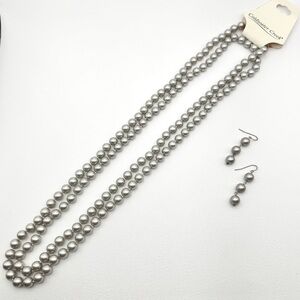 LONG Coldwater Creek Silver Gray Pearl Necklace Earrings Set 60” NEW Layered VTG